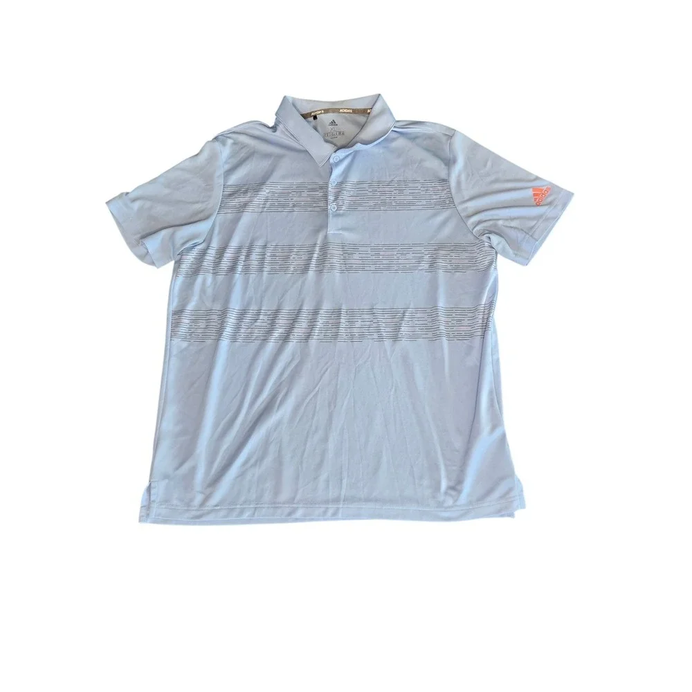 Adidas‎ Mens XL Baby Blue Grey Golf Polo Striped Shirt